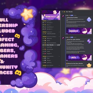 Op de afbeelding: Een digitaal ontwerp in paars en wit, met wolken- en sterillustraties. Tekst bevat "Full Ownership Included" en "Perfect for Gaming, Vtubers, Streamers & Community Spaces."