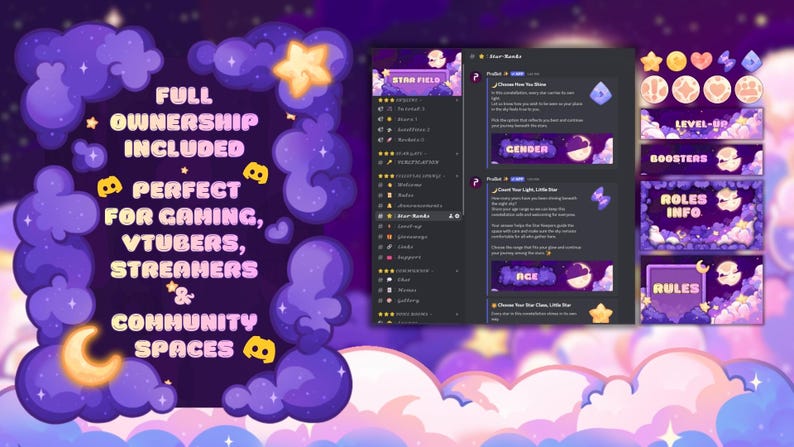 Op de afbeelding: Een digitaal ontwerp in paars en wit, met wolken- en sterillustraties. Tekst bevat "Full Ownership Included" en "Perfect for Gaming, Vtubers, Streamers & Community Spaces."