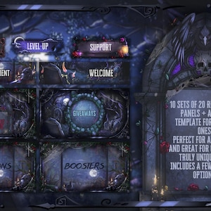 May include: A dark, gothic-themed digital art piece with various menu buttons labeled "Partners," "Level-Up," and "Support." The image includes text: "10 sets of 20 ready-made panels + a blank template for custom ones."
