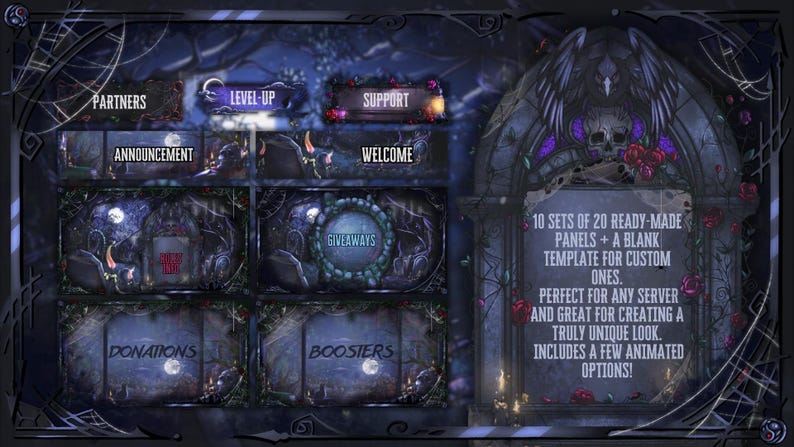 May include: A dark, gothic-themed digital art piece with various menu buttons labeled "Partners," "Level-Up," and "Support." The image includes text: "10 sets of 20 ready-made panels + a blank template for custom ones."