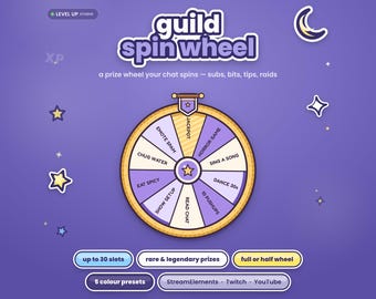 Könnte beinhalten: Eine digitale Grafik mit einem Guild-Glücksrad mit Segmenten wie Jackpot, Horror Game, Sing a Song, Dance 30s, 10 Pushups, Read Chat, Show Setup, Eat Spicy, Chug Water und Emote Spam. Der violette Hintergrund enthält Sterne, einen Mond und Textschaltflächen.