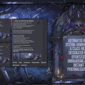 May include: A dark-themed digital interface with text that reads "AUTOMATED ROLE SYSTEM: GENDER, AGE & CLASS FULLY INTEGRATED FOR EFFORTLESS ONBOARDING AND INSTANT PERSONALIZATION." The interface includes options for gender, age, and class selection.