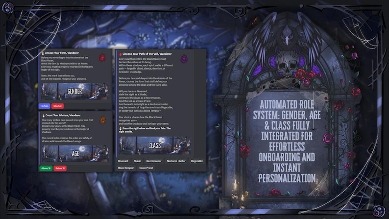 May include: A dark-themed digital interface with text that reads "AUTOMATED ROLE SYSTEM: GENDER, AGE & CLASS FULLY INTEGRATED FOR EFFORTLESS ONBOARDING AND INSTANT PERSONALIZATION." The interface includes options for gender, age, and class selection.
