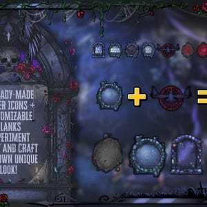 May include: Digital art featuring server icons and customizable blanks with a gothic theme. The image includes a tombstone with text, roses, and a skull. The background is dark blue with spiderwebs and a spider.