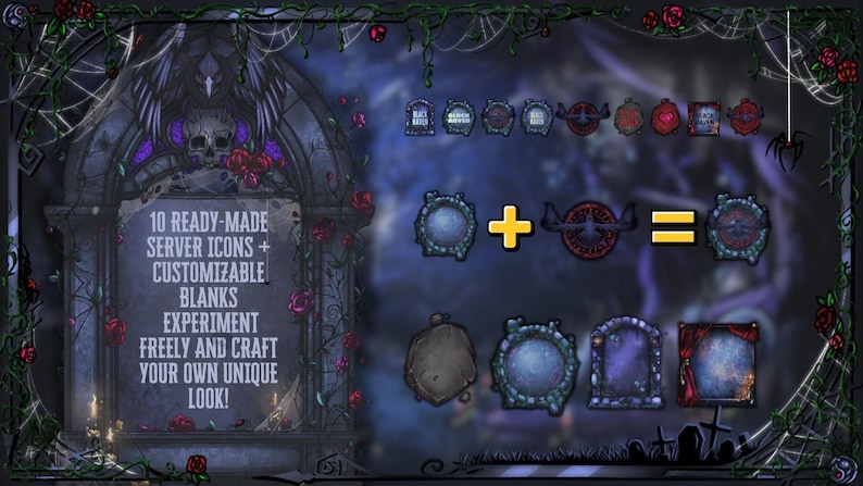 May include: Digital art featuring server icons and customizable blanks with a gothic theme. The image includes a tombstone with text, roses, and a skull. The background is dark blue with spiderwebs and a spider.