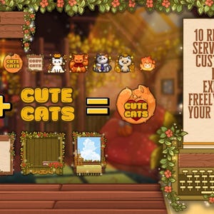 May include: A digital art graphic featuring "Cute Cats" icons. The image includes various cat-themed icons, text, and decorative elements. The text reads "10 Ready-Made Server Icons + Customizable Blanks". The color palette is warm, with oranges, browns, and greens.