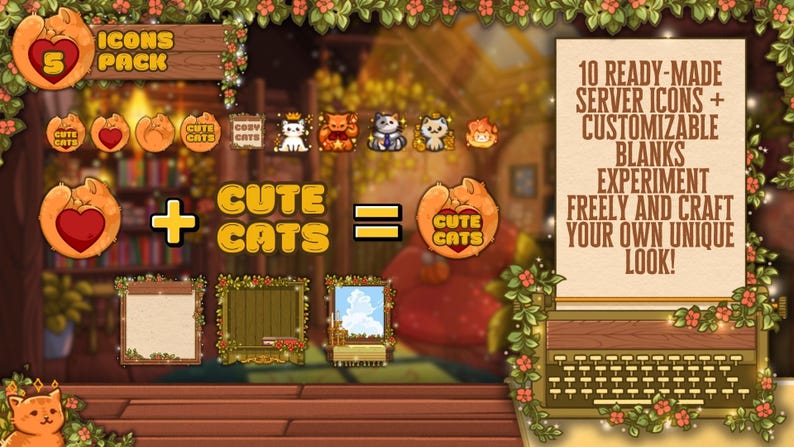 May include: A digital art graphic featuring "Cute Cats" icons. The image includes various cat-themed icons, text, and decorative elements. The text reads "10 Ready-Made Server Icons + Customizable Blanks". The color palette is warm, with oranges, browns, and greens.