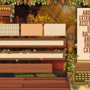 May include: Decorative assets for a cat-themed server, including stickers, dividers, and backgrounds. The image features wooden frames, patterned backgrounds, and text that reads "Decorative Assets" and "And plenty of extra decorative assets."