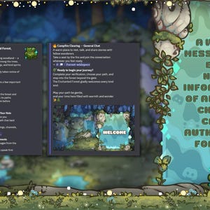 May include: A digital forest-themed graphic with text that reads "A welcoming message with an easy-to-navigate, informative map of all essential channels - crafted in authentic magic forest style." Includes a frog.