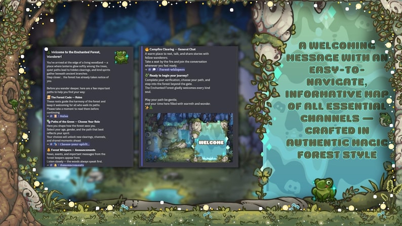 May include: A digital forest-themed graphic with text that reads "A welcoming message with an easy-to-navigate, informative map of all essential channels - crafted in authentic magic forest style." Includes a frog.