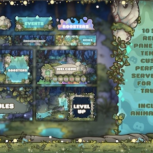 May include: A digital art panel set with a fantasy forest theme. The panels include "Links", "Events", "Boosters", "About", "Announcement", "News", "Welcome", "Rules", and "Level Up". The text reads "10 sets of 20 ready-made panels".