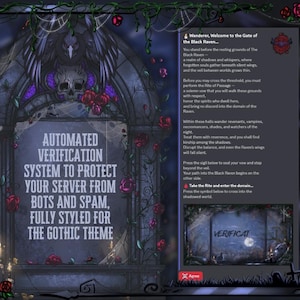 May include: A gothic-themed graphic with a tombstone design. The text reads "AUTOMATED VERIFICATION SYSTEM TO PROTECT YOUR SERVER FROM BOTS AND SPAM, FULLY STYLED FOR THE GOTHIC THEME." The image includes roses, skulls, and a spiderweb.