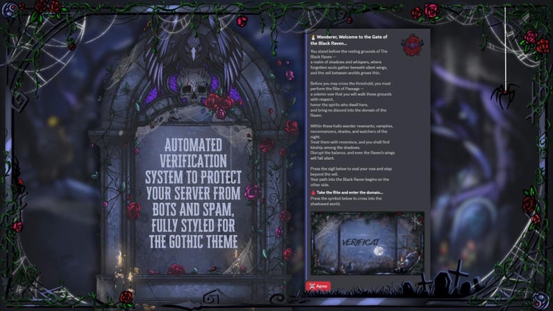 May include: A gothic-themed graphic with a tombstone design. The text reads "AUTOMATED VERIFICATION SYSTEM TO PROTECT YOUR SERVER FROM BOTS AND SPAM, FULLY STYLED FOR THE GOTHIC THEME." The image includes roses, skulls, and a spiderweb.