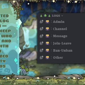 May include: A digital graphic with text that reads "AUTOMATED SERVER LOG SYSTEM - ALWAYS KEEP TRACK OF WHO DID WHAT AND WHEN, WITH CLEAR, ORGANIZED ACTIVITY RECORDS." A dark gray box lists log categories: Admin, Channel, Message, Join-Leave, Ban-Unban, and Other.