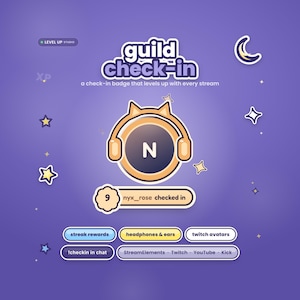 May include: A digital guild check-in badge graphic on a purple background featuring a central circular icon with the letter N, orange headphones with cat ears, and a status bar displaying the text 9 nyx_rose checked in.