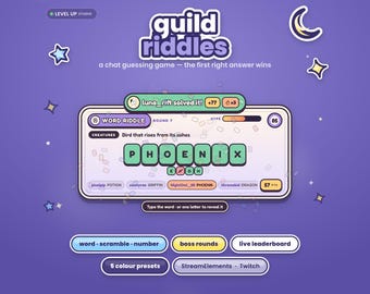 Könnte beinhalten: Eine digitale Benutzeroberfläche für das Chat-Ratespiel Guild Riddles auf violettem Hintergrund. Der Bildschirm zeigt ein Worträtsel für Phoenix, eine Live-Rangliste und Schaltflächen für word, scramble, number, boss rounds und StreamElements Twitch.