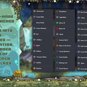 May include: A digital graphic with a fantasy theme, featuring text that reads "25+ READY-MADE FANTASY-THEMED ROLES." The image is organized into categories like administration, ranks, gender, and age. The background has a forest theme.