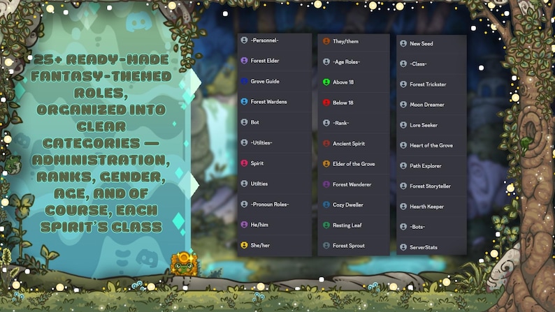 May include: A digital graphic with a fantasy theme, featuring text that reads "25+ READY-MADE FANTASY-THEMED ROLES." The image is organized into categories like administration, ranks, gender, and age. The background has a forest theme.
