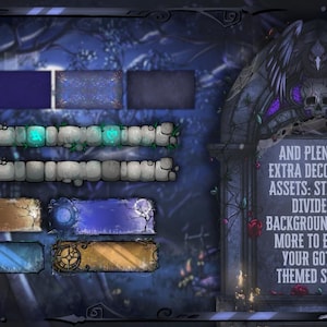 May include: Digital art featuring a gothic theme with decorative assets. The image includes various design elements such as stickers, dividers, and backgrounds. The text reads "AND PLENTY OF EXTRA DECORATIVE ASSETS: STICKERS, DIVIDERS, BACKGROUNDS, AND MORE TO ENRICH YOUR GOTHIC-THEMED SERVER."
