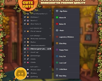 May include: A Discord template with a cat theme. The design features a brown wooden background with a decorative border of green leaves and red berries. The template includes sections for age roles and ranks, with text such as "Above 18" and "Legendary Whiskers."