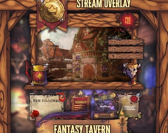 Pack de superposition de flux animés - Pack PRO Fantasy Medieval Tavern : écrans, alertes, transition, panneaux et badges Twitch, arrière-plan vTuber