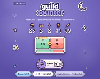 Könnte beinhalten: Ein digitales Gilden-Counter-Interface auf violettem Hintergrund mit dem Text guild counter, death, win & quest counters your mods run from chat, inklusive Symbolen für Tode, Siege, Niederlagen sowie Gewinnrate und Serien.
