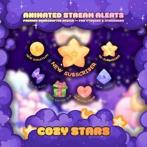 Animierte Cozy Stars Livestream Alarme – süße himmlische Twitch Alarme: Neuer Follower, Neuer Raid, Neue Spende, Neues Abo, Neuer Jubel, Neues Geschenk