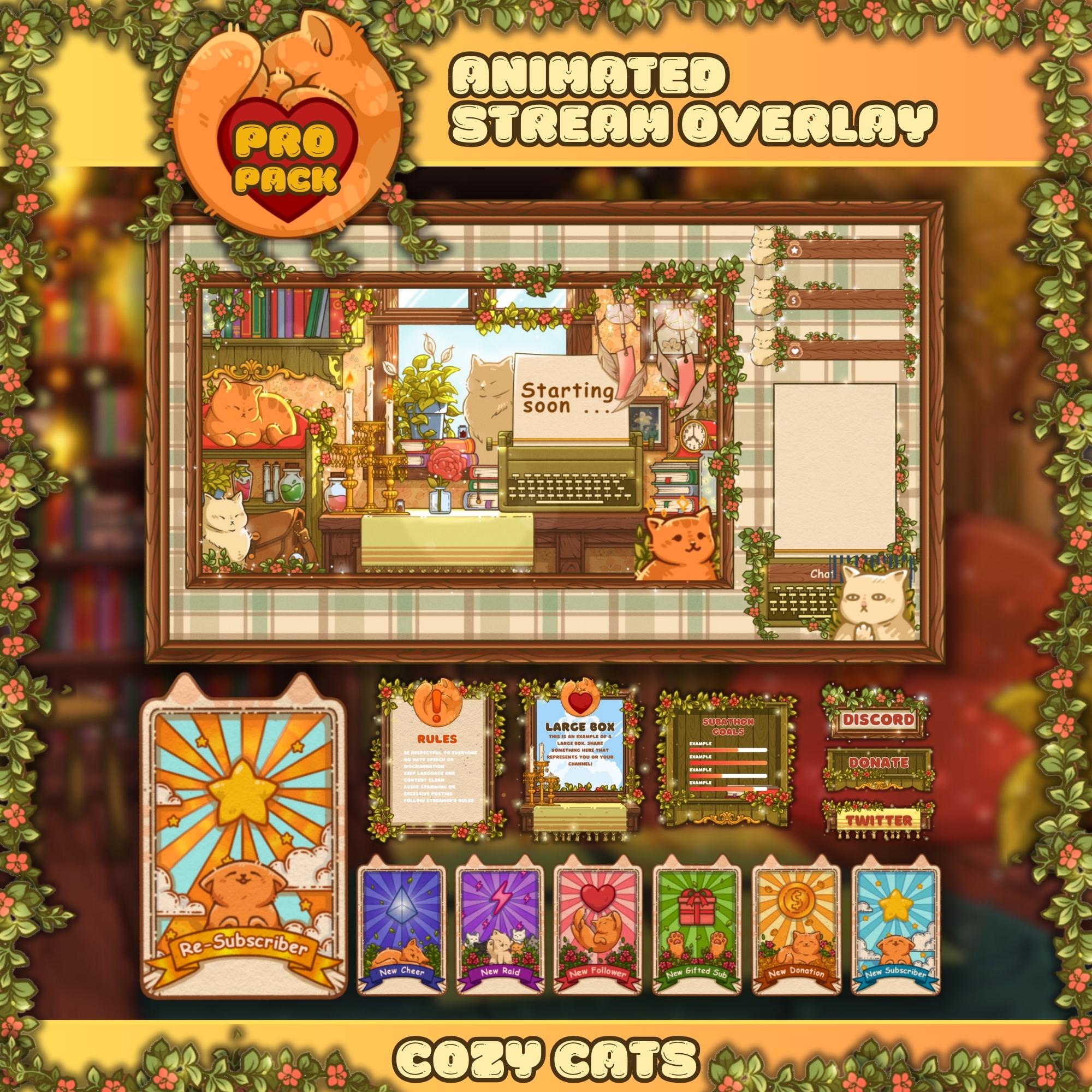 Twitch overlay package Cozy stream overlay Cat twitch panels Animated twitch overlays bundle Yellow stream pack twitch overlay animated
