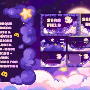 Op de afbeelding: Digitaal kunstontwerp met een nachthemelthema, met paarse wolken, sterren en een halve maan. Het ontwerp bevat banners met de tekst "STAR FIELD" en "SERVER NAME". De afbeelding bevat ook de tekst "10 UNIQUE BANNERS STATIC & ANIMATED VERSIONS INCLUDED. READY-MADE DESIGNS + BLANK TEMPLATES FOR CUSTOMIZATION."
