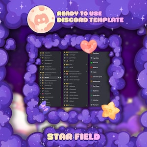 May include: A digital Discord template with a purple and pink starry design. It features a moon with the Discord logo, a heart, and a star. The text reads "READY TO USE DISCORD TEMPLATE" and "STAR FIELD".