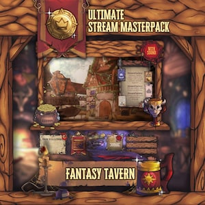 May include: An illustrated advertisement for the "Ultimate Stream Masterpack" with a fantasy tavern theme. The image includes a banner with a crown, a bag of gold, and the text "Fantasy Tavern". The image also includes the text "With Sound".