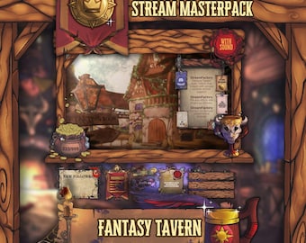 Ultimate Fantasy Tavern MASTERPACK - Kit de superposition de flux Twitch animé complet (écrans, alertes, panneaux, badges, arrière-plan VTuber, émoticônes)