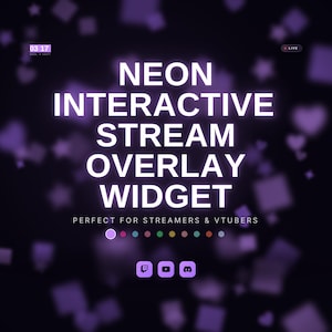May include: A digital graphic featuring the white text NEON INTERACTIVE STREAM OVERLAY WIDGET, with a small LIVE indicator, a date display, a row of ten colored circular icons, and three social media platform logos on a dark purple background.