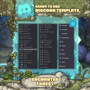 Könnte beinhalten: Eine digitale Discord-Vorlage mit dem Thema "Verzauberter Wald". Das Design zeigt ein türkisfarbenes Discord-Logo, eine Waldszene und verschiedene Textfelder mit Kanal- und Rollenkategorien. Der Text enthält "Ready to Use Discord Template".