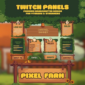 Può includere: Una collezione di pannelli Twitch in pixel art a tema fattoria. I pannelli includono sezioni per banner di canale, regole, obiettivi di subathon e informazioni di contatto. Il design presenta cartelli in legno, fogliame verde e testo giallo.
