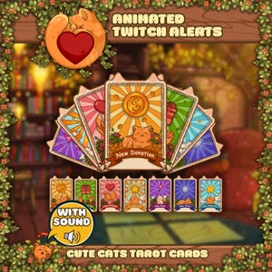 Animated Twitch Alerts Pack - Cozy Cats Tarot Cards: New Follower, New Subscriber, New Donation, New Raid, New Gift, New Cheer, ReSubscriber