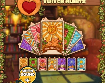 Animated Twitch Alerts Pack - Cozy Cats Tarot Cards: New Follower, New Subscriber, New Donation, New Raid, New Gift, New Cheer, ReSubscriber