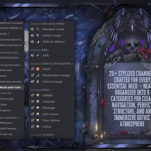 May include: Dark, gothic-themed digital interface with stylized channels. The interface features a skull, roses, and the text "25+ Stylized Channels Crafted for Every Essential Need". The design is dark with a gothic atmosphere.