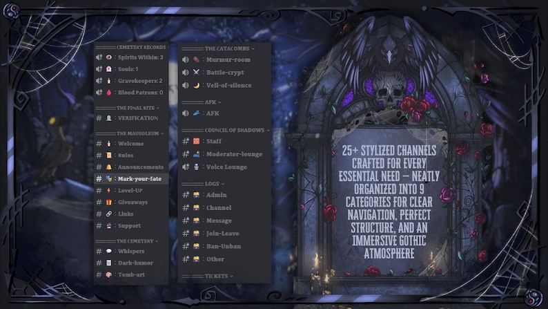 May include: Dark, gothic-themed digital interface with stylized channels. The interface features a skull, roses, and the text "25+ Stylized Channels Crafted for Every Essential Need". The design is dark with a gothic atmosphere.