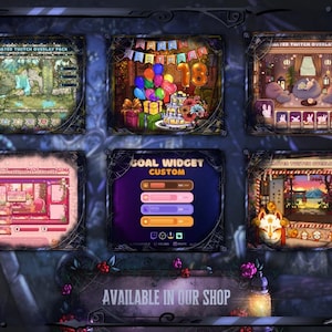 May include: A digital art display featuring six animated Twitch overlay packs. The packs showcase various themes, including a birthday celebration, a cozy room, and a goal widget. The words "AVAILABLE IN OUR SHOP" are at the bottom.