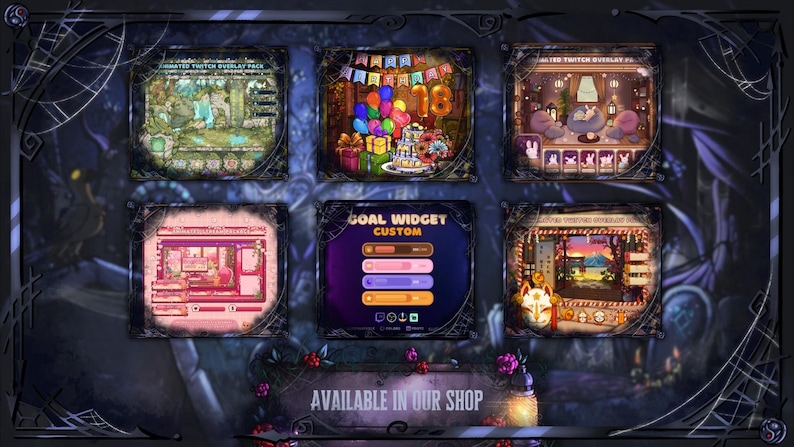 May include: A digital art display featuring six animated Twitch overlay packs. The packs showcase various themes, including a birthday celebration, a cozy room, and a goal widget. The words "AVAILABLE IN OUR SHOP" are at the bottom.