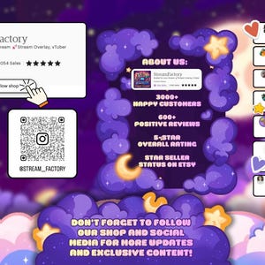 Op de afbeelding: Digitale afbeelding ter promotie van StreamFactory op Etsy. Het ontwerp heeft een paars en goud thema met wolken, sterren en klantbeoordelingen. Inclusief QR-codes en shopinformatie.