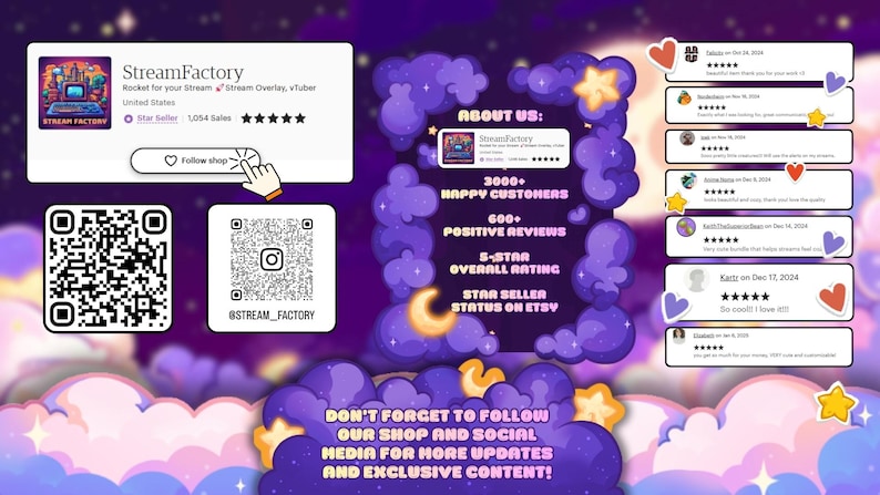 Op de afbeelding: Digitale afbeelding ter promotie van StreamFactory op Etsy. Het ontwerp heeft een paars en goud thema met wolken, sterren en klantbeoordelingen. Inclusief QR-codes en shopinformatie.