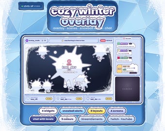 Könnte beinhalten: Ein digitales Streaming-Overlay-Paket mit dem Titel Cozy Winter Overlay in hellblauen und weißen Schneedesigns. Es enthält einen Hauptvideorahmen, ein Chat-Fenster, ein Kamerafenster und verschiedene Widgets mit Schneeball-Grafiken und Text.