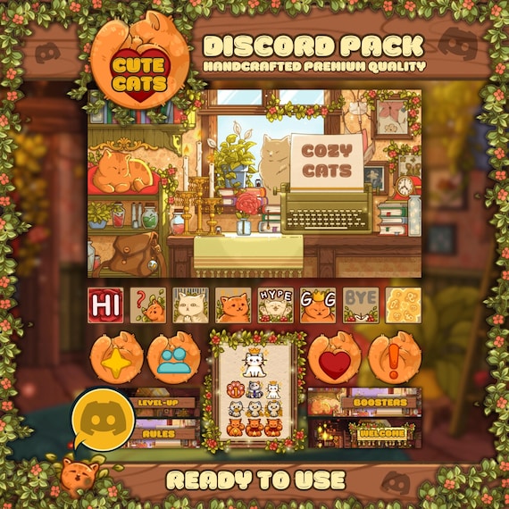 Cozy Cats Discord Pack | Pre-Made Cute Aesthetic Decoration | Discord Emotes | Discord Banner | Discord Panels