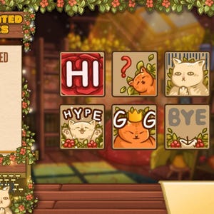 May include: Animated emotes featuring cartoon cats. The image includes eight animated emotes with text such as "HI", "GG", "BOOM", "HYPE", "WYF", "LOL", "BYE", and "OMG". The background has a cozy, warm aesthetic.