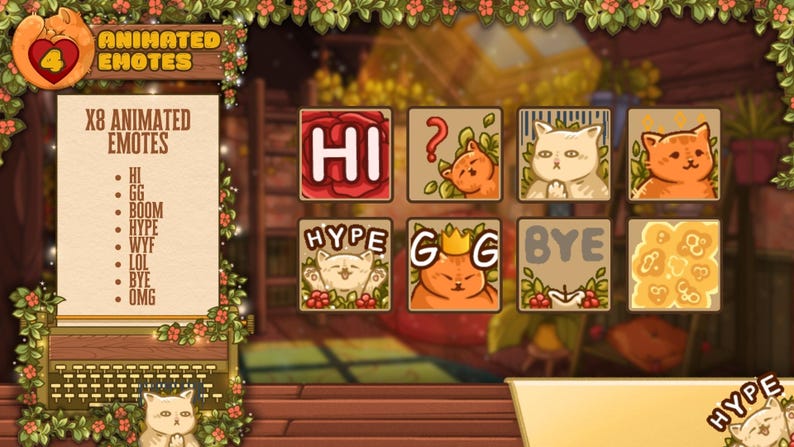 May include: Animated emotes featuring cartoon cats. The image includes eight animated emotes with text such as "HI", "GG", "BOOM", "HYPE", "WYF", "LOL", "BYE", and "OMG". The background has a cozy, warm aesthetic.