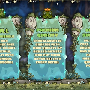 May include: A whimsical digital illustration with three panels featuring text and cartoon frogs. The panels highlight product features: Full Customization, Premium Quality, and Online Support. The background has a forest theme with vines and glowing lights.