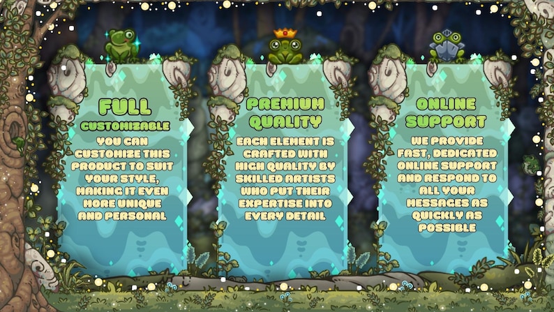 May include: A whimsical digital illustration with three panels featuring text and cartoon frogs. The panels highlight product features: Full Customization, Premium Quality, and Online Support. The background has a forest theme with vines and glowing lights.