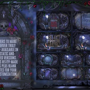 May include: A dark, gothic-themed digital art piece featuring 10 banners with a spooky aesthetic. The banners include the text "Black Raven" and are available in static and animated versions. The image also includes a skull, roses, and spiderwebs.